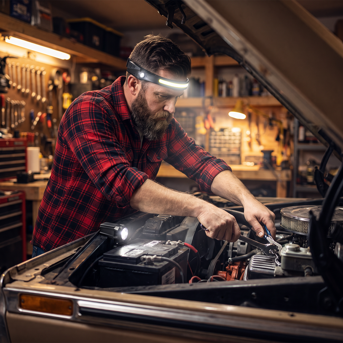 Mechanic using the hands-free headlamp under the hood in a garage