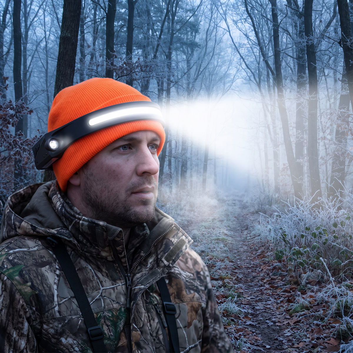 Hunter wearing the wide beam headlamp in the forest before dawn