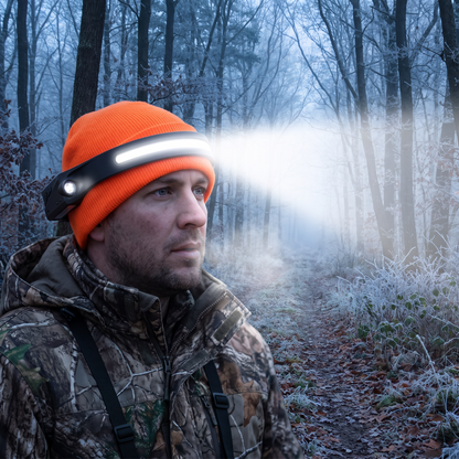 Hunter wearing the wide beam headlamp in the forest before dawn