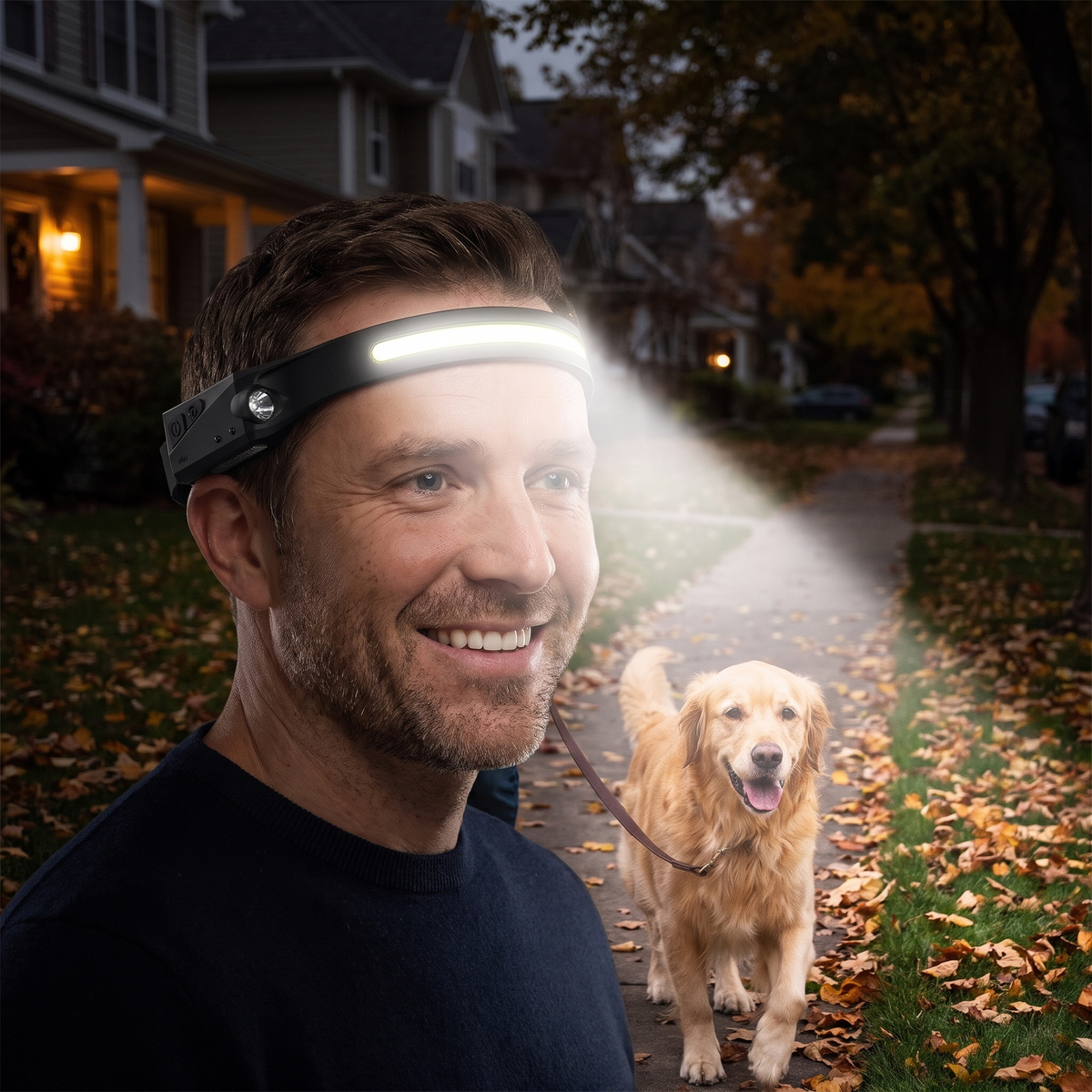 Motion sensor headlamp lighting up a dark sidewalk on a night dog walk