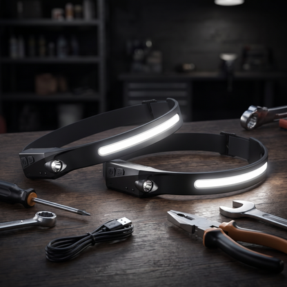 Two 230 degree COB headlamps on a workbench - 2-pack