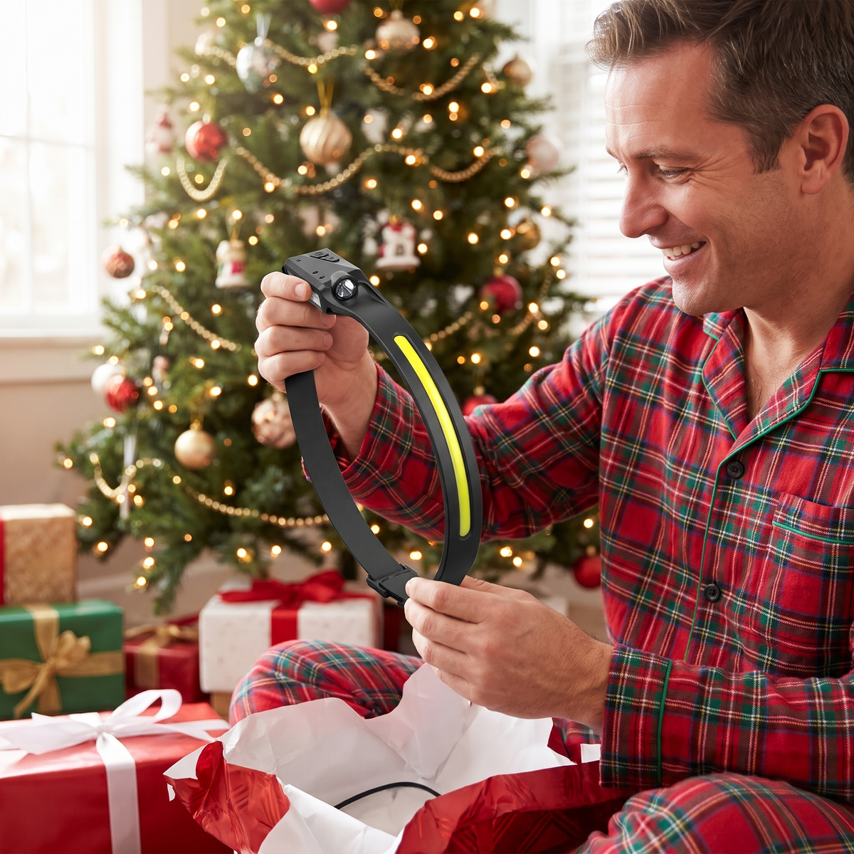 Dad unwrapping the headlamp as a Christmas gift