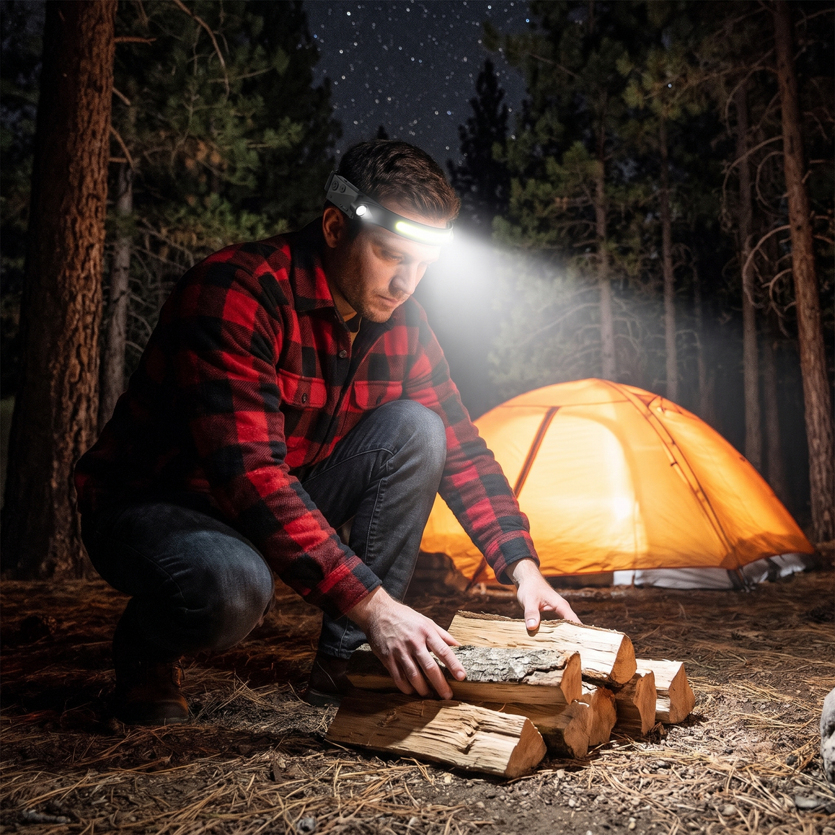 Headlamp lighting up a campsite at night